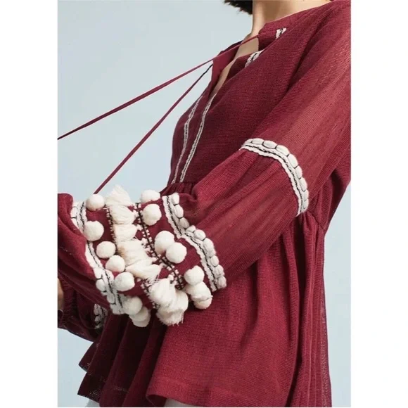 Anthropologie Boho Burgundy Blouse with Tassel Details - Picture 3 of 9